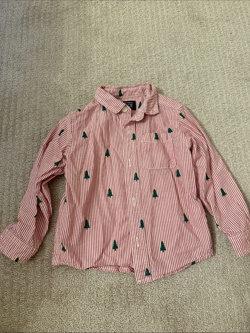 The Children's Place Red & White Stripe Button-Down Shirt with Green Tree Print
